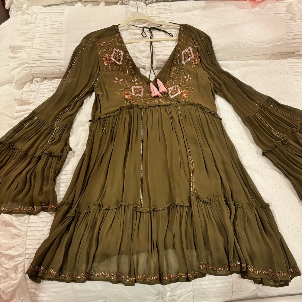 Free People Army Green Flowy Dress With Bell Sleeves & Pink Embroidery details